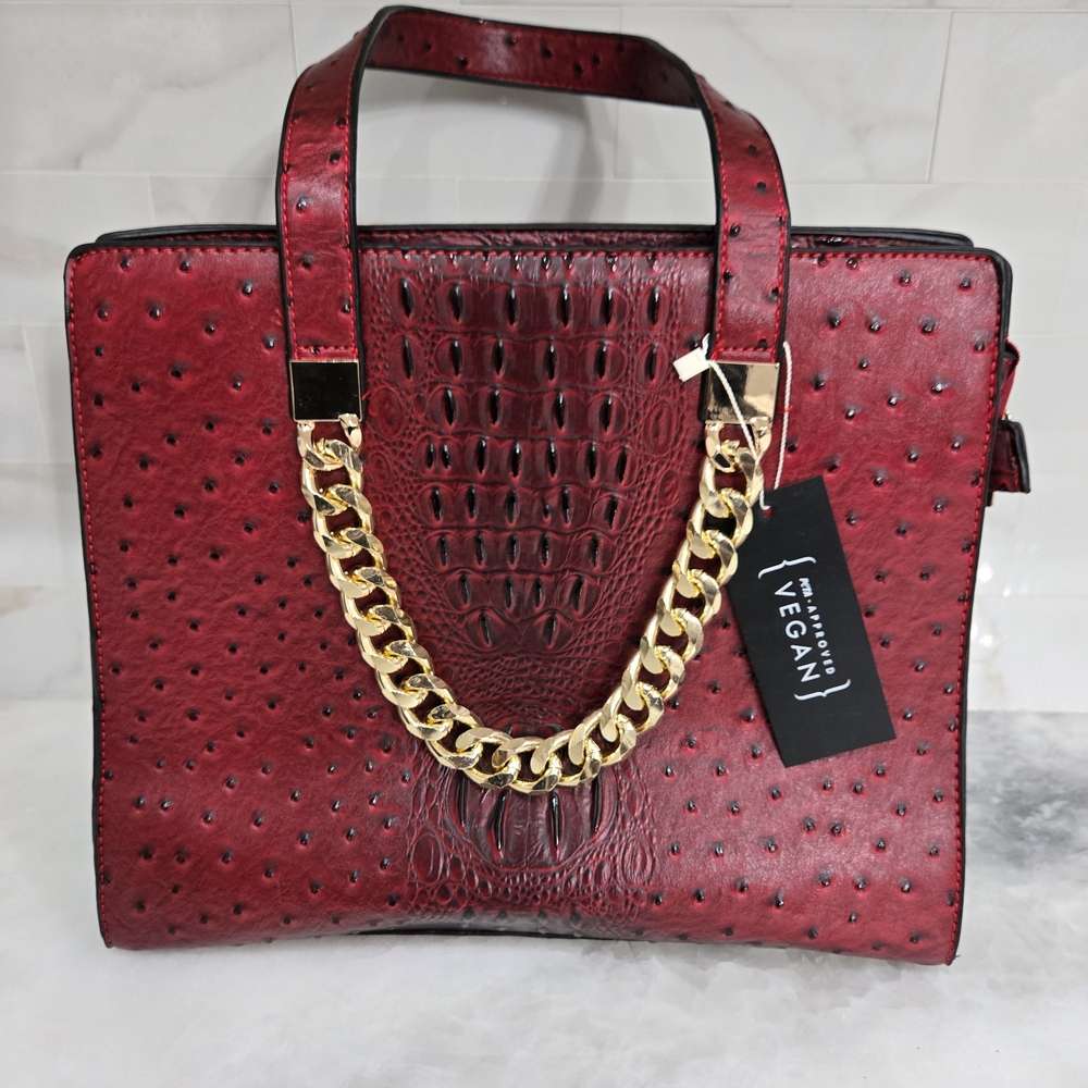 Vegan Red Handbag with Gold Chain